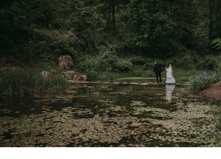 pittsburgh botanic gardens pond bride and groom portraits